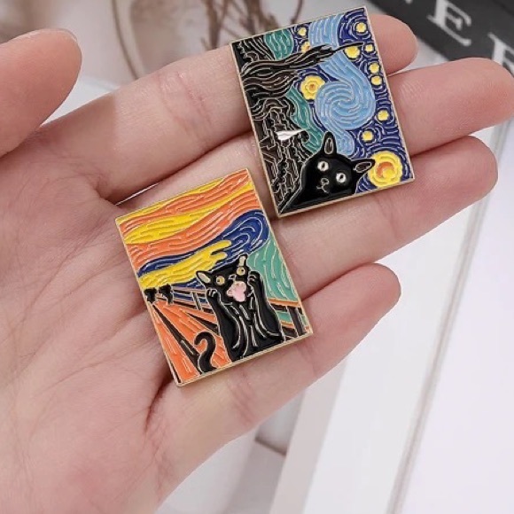 Black Cat Screaming Enamel Pin The Scream Painting Parody Artistic Cats Mom Gift - Picture 6 of 9